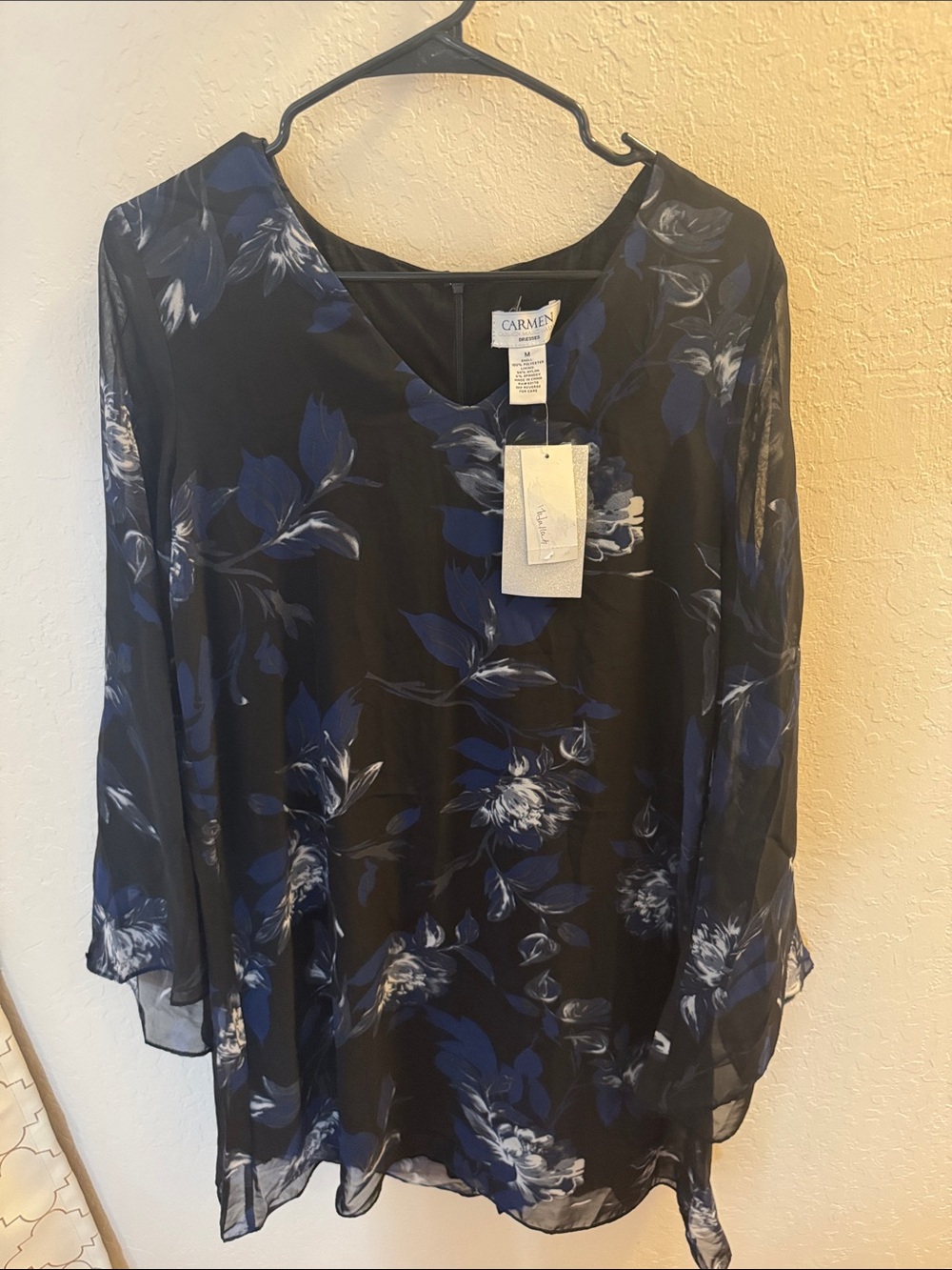 NWT Carmen Marc Valvo Black Blue Floral Chiffon Dress M
